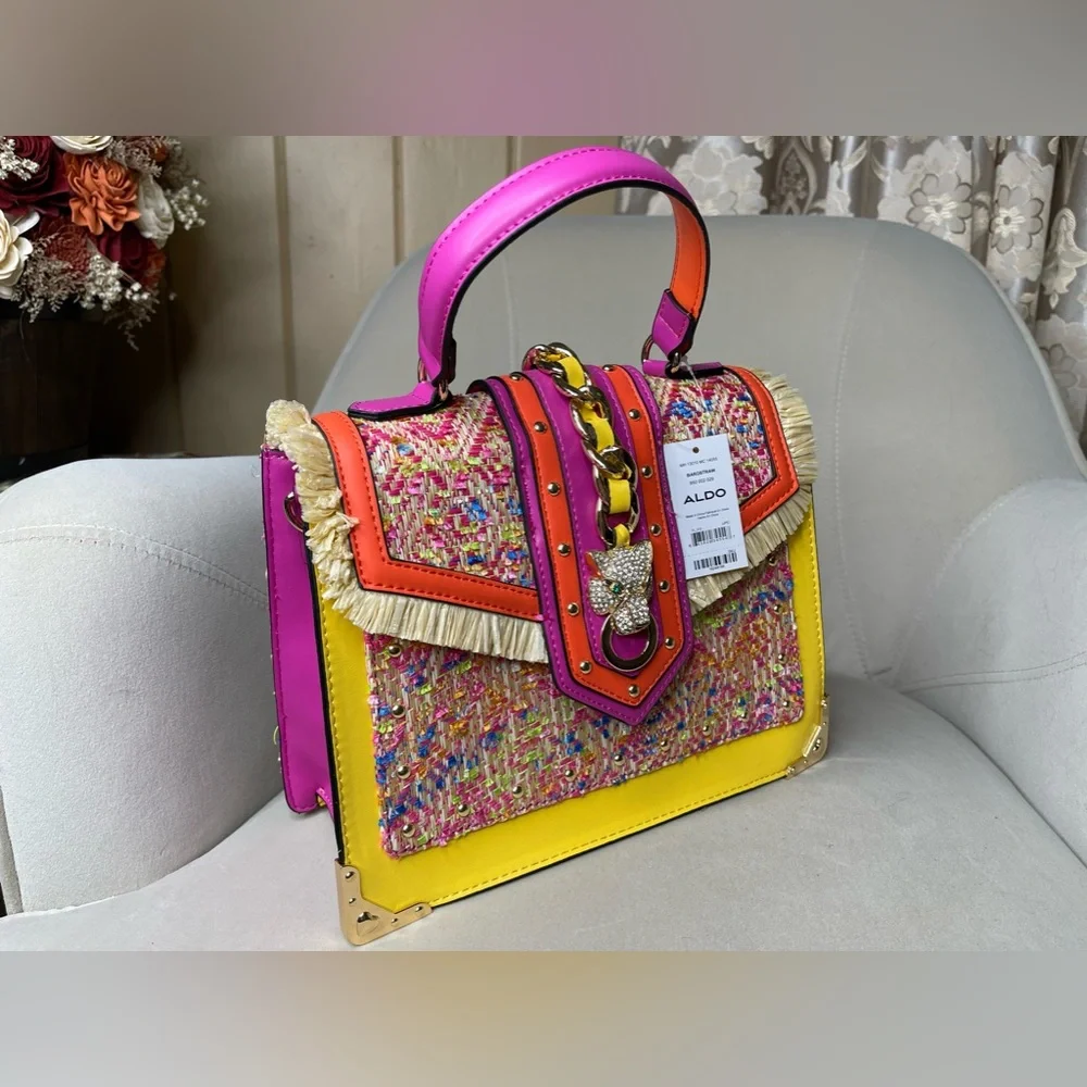 New! ALDO Tweed Multicolored Satchel Crossbody Purse Bag Jewelry Tassel